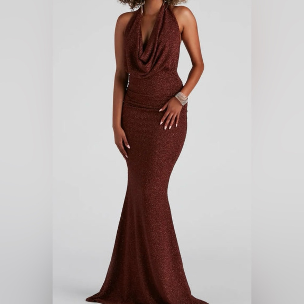 Elegant formal brown Glitter cowl neck dress